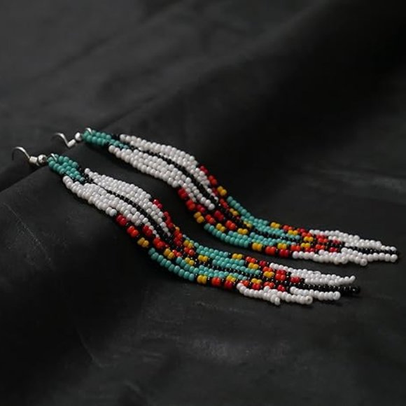 Long 4.5" Green Turquoise Blue Beaded Fringe Earrings Native American Tassel New - Picture 3 of 7